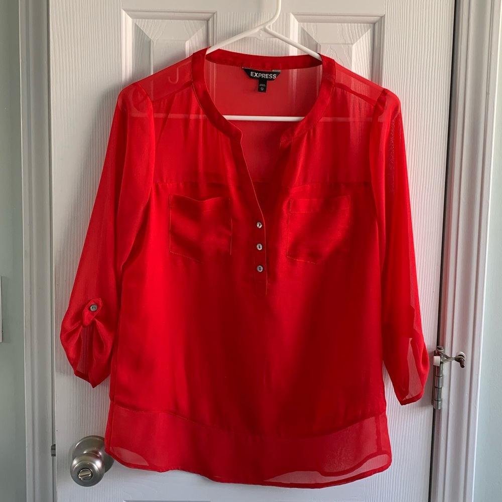 Red Partially Sheer Blouse